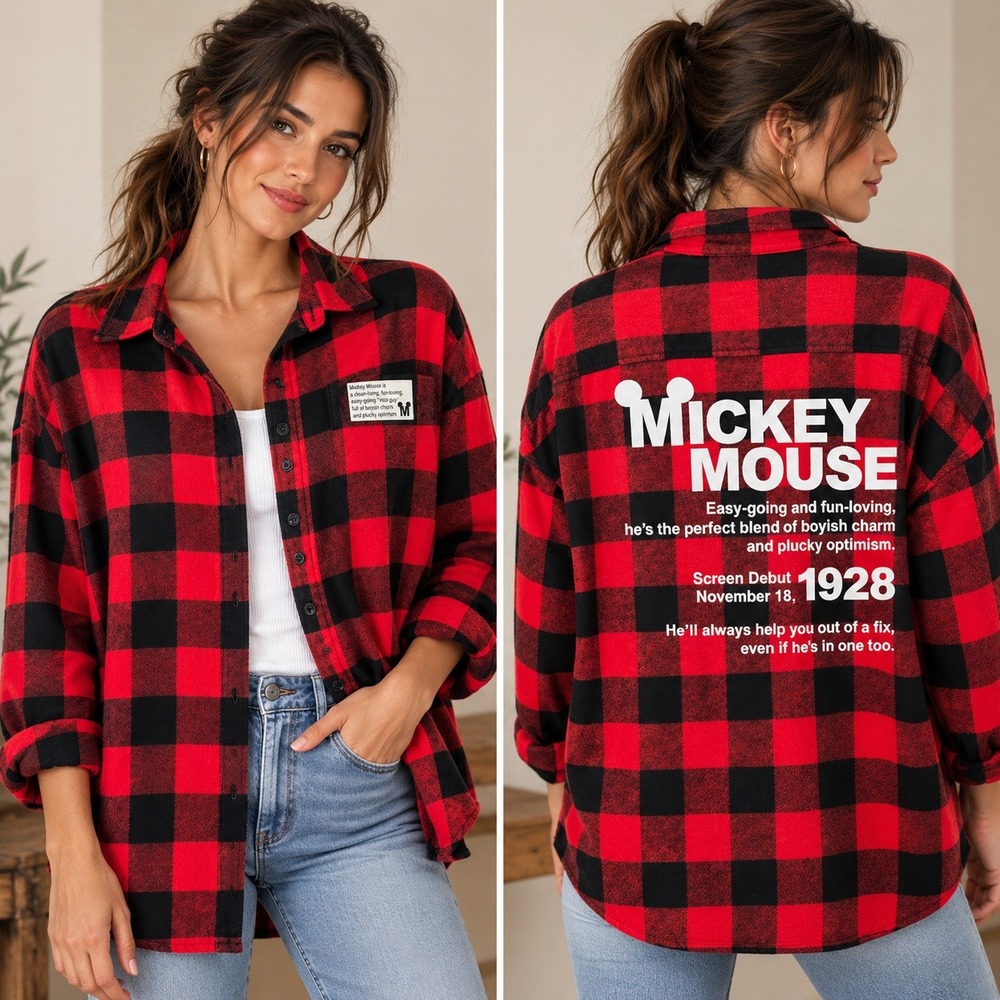 Tokyo Disney Resort Mickey Mouse Buffalo Plaid Flannel Shirt Red Black Large